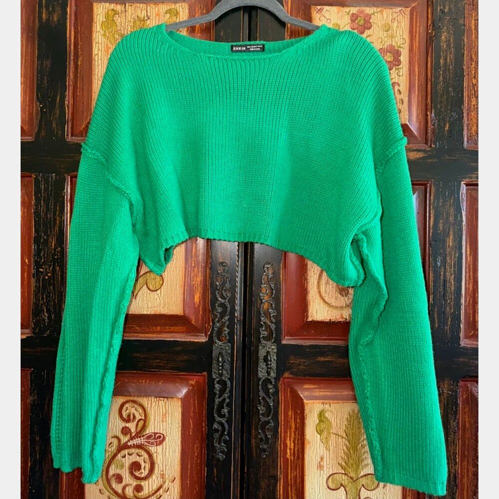 SHEIN womens L cropped kelly green long sleeve sweater top crop shirt holiday